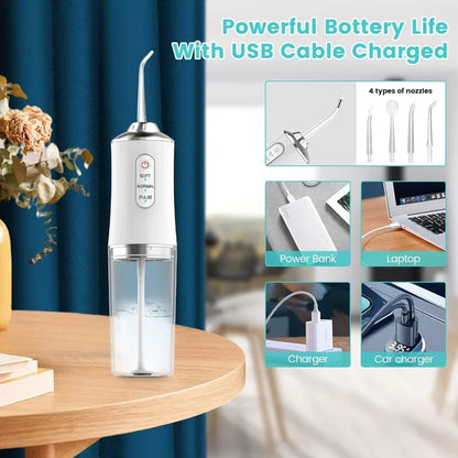 Portable Dental Water Flosser Oral Irrigator USB Rechargeable Water Floss Jet Tooth Pick 4 Tips 220Ml Mouth Washing Machine